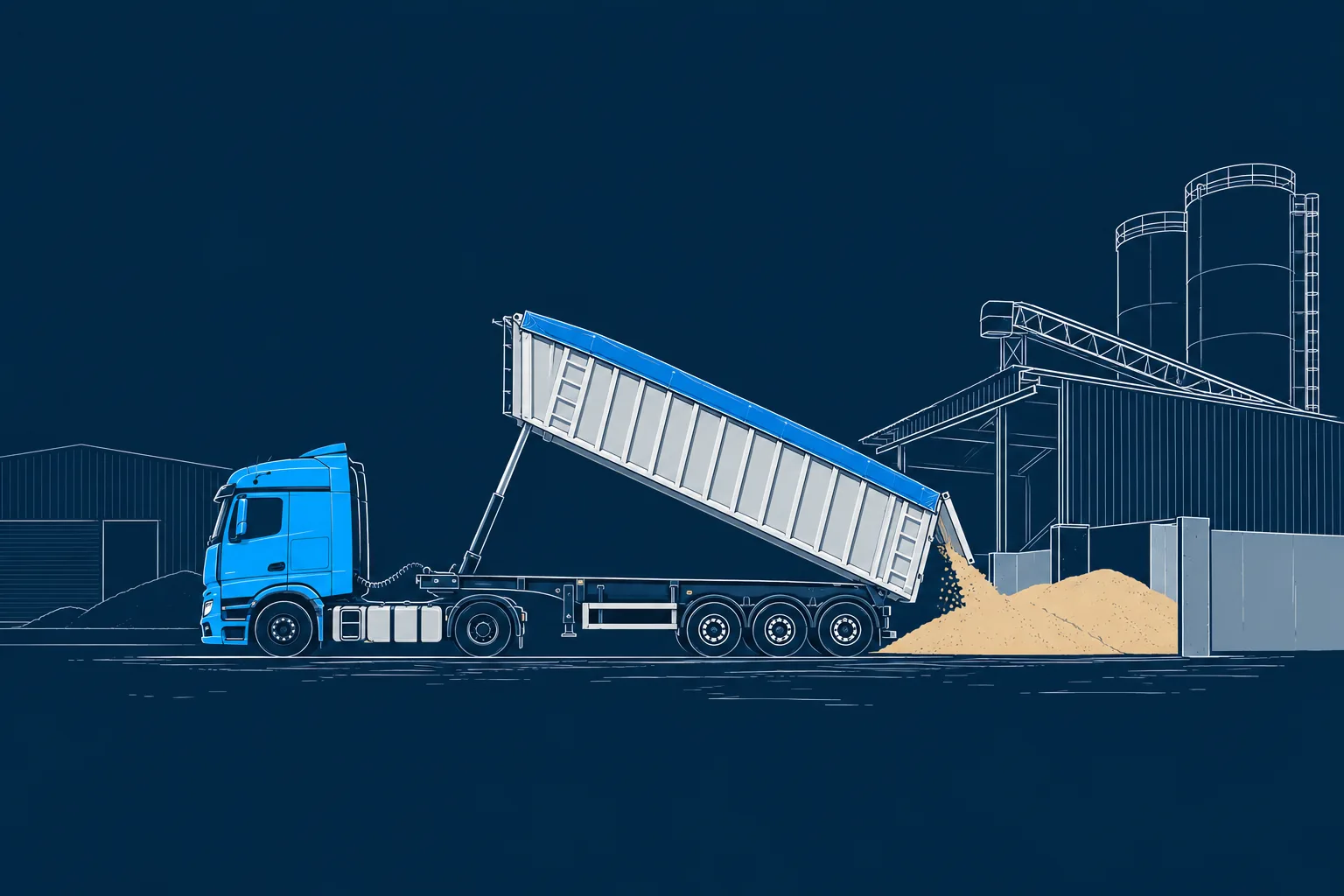 Ilustración de nuestro Mercedes-Benz Actros L descargando a granel: la bañera basculante levantada y el material cayendo junto a una nave con silos