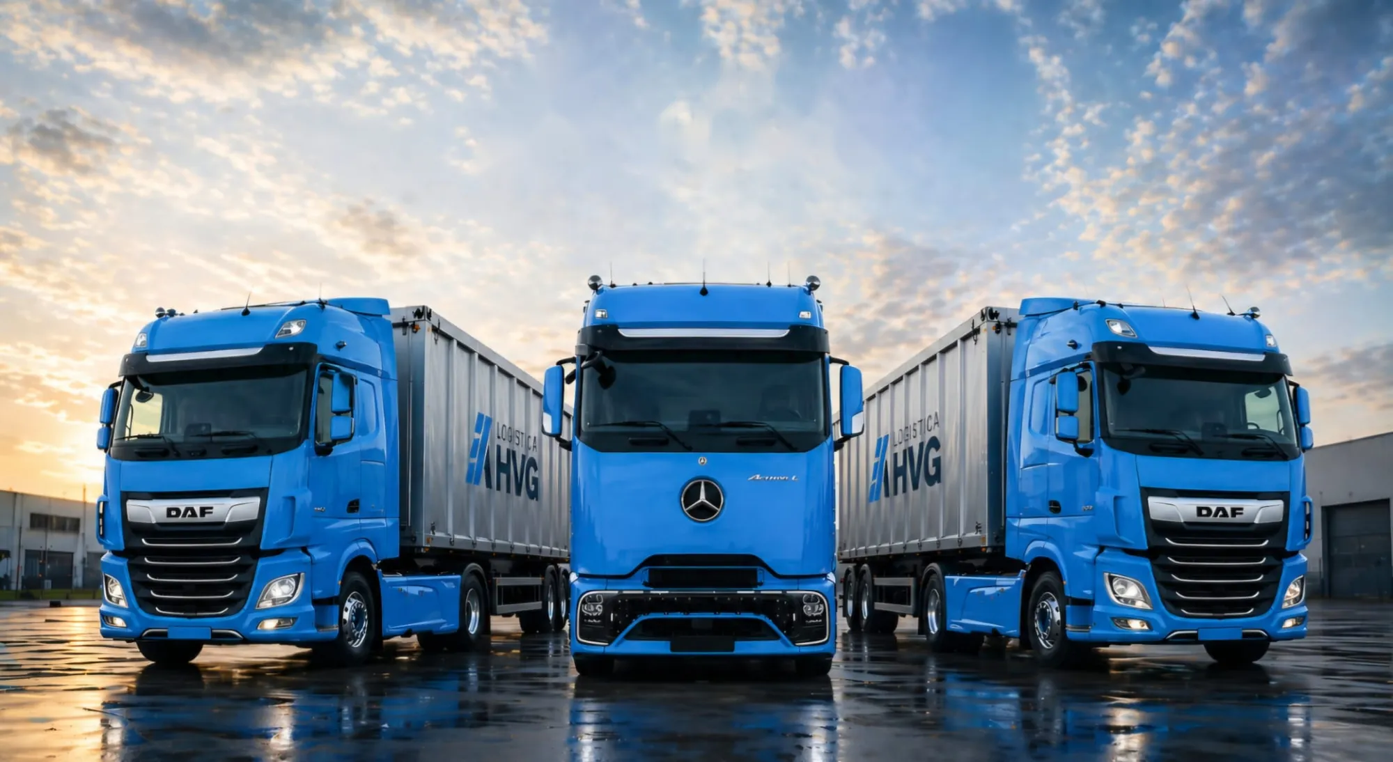 Tres cabezas tractoras azules con bañeras de aluminio rotuladas con el logo de Logística HVG, al atardecer
